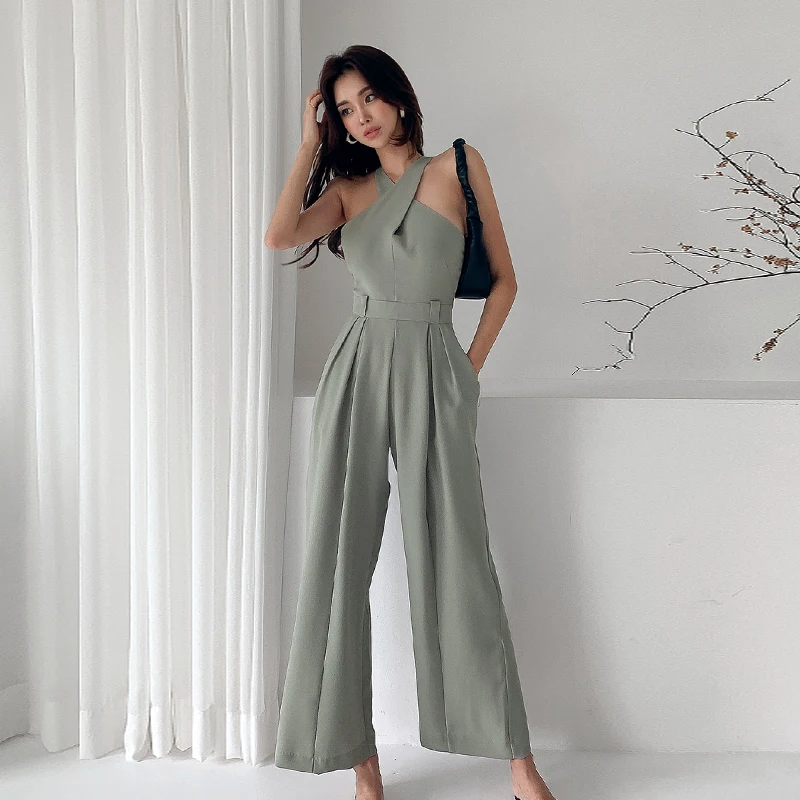 2024 Korean Fashion Edition New Spring Summer Slim Fit Cross Collar Sleeveless Waist Wrapped Slim Long Pants Straight Jumpsuit