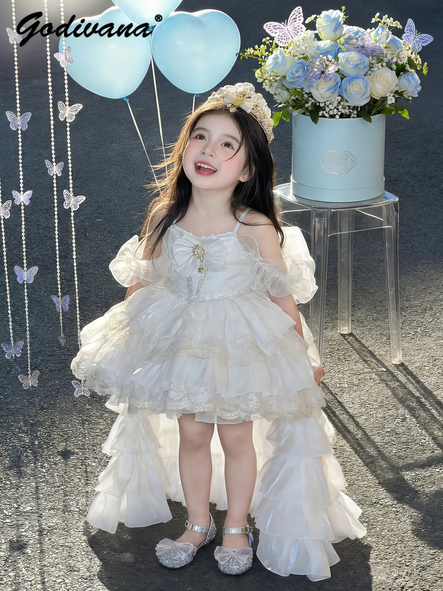 Baby Girls High End White Princess Lolita Slip Dress Kids Heavy Lace Embroidery Long Train Bow High Waist Birthday Party Gown