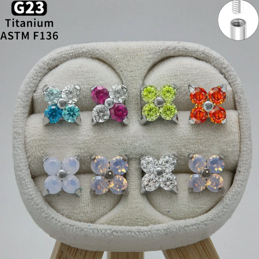 G23 Titanium Labret Rings Piercing with Internal Thread 16G 5A CZ Flower Tragus Helix Cartilage Nose Stud Earrings Jewelry