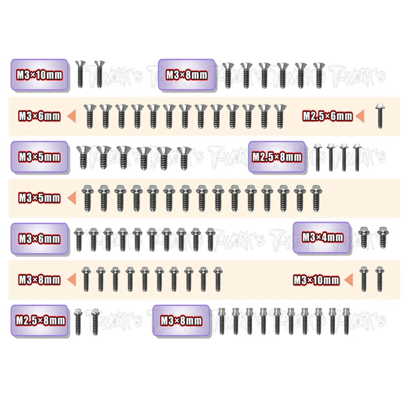 

Original T works TSSU-X12'22 64 Titanium Screw set ( UFO Head ) 83pcs.( For Xray X12'22 )ssional Rc part