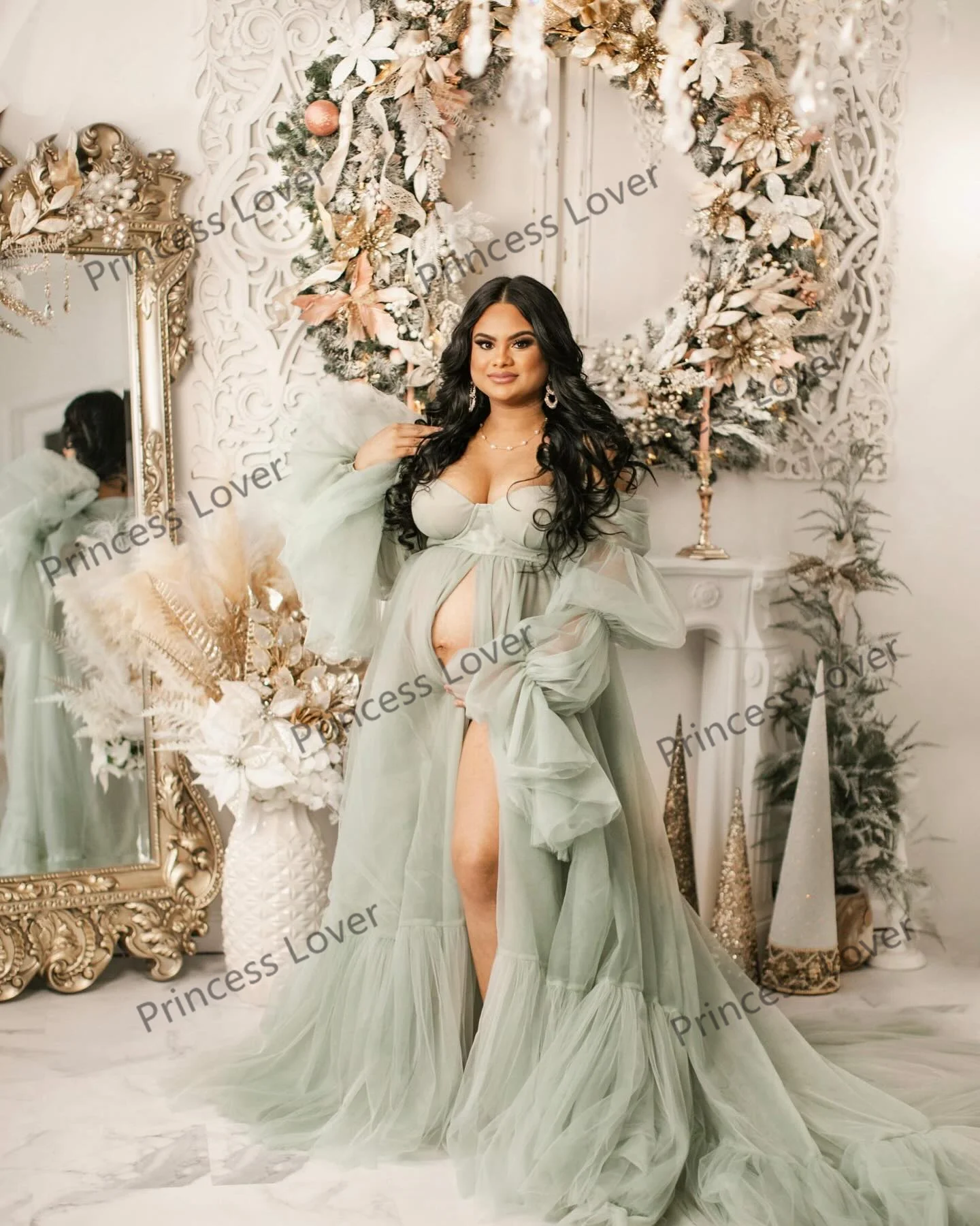 Fashion Sage Prom Dresses Women Tulle Maxi Gown Front Slit Party Dress Full Sleeves Ladies Baby Shower Vestidos Novia