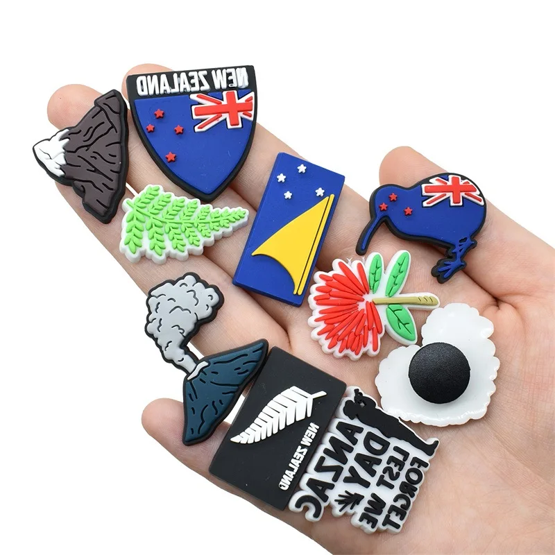 20PcNew Zealand Theme Shoe Charms For Clogs Bag Bubble Slides Sandals Bird Flower Volcano Pattern PVC Shoe Decoration Clog Buckl