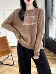 Autumn and winter new wool knitted sweater women's round neck loose slimming lazy style pullover sweater cashmere base sweater