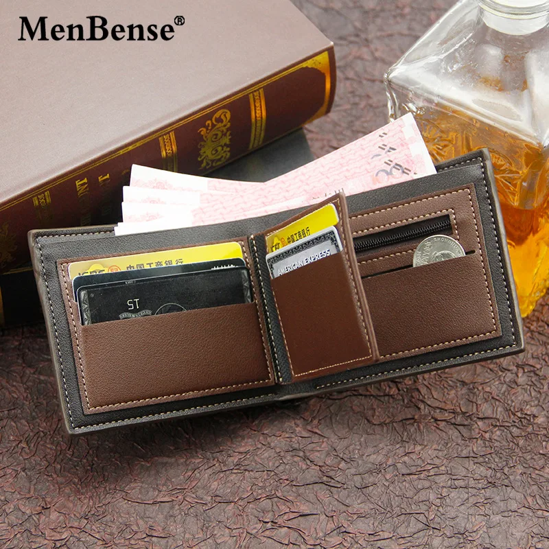 New Men's Wallet Short Cross Section Youth Tri-fold Wallet Stitching Business Multi-card Zipper Coin Purse Wallet Passport Cover