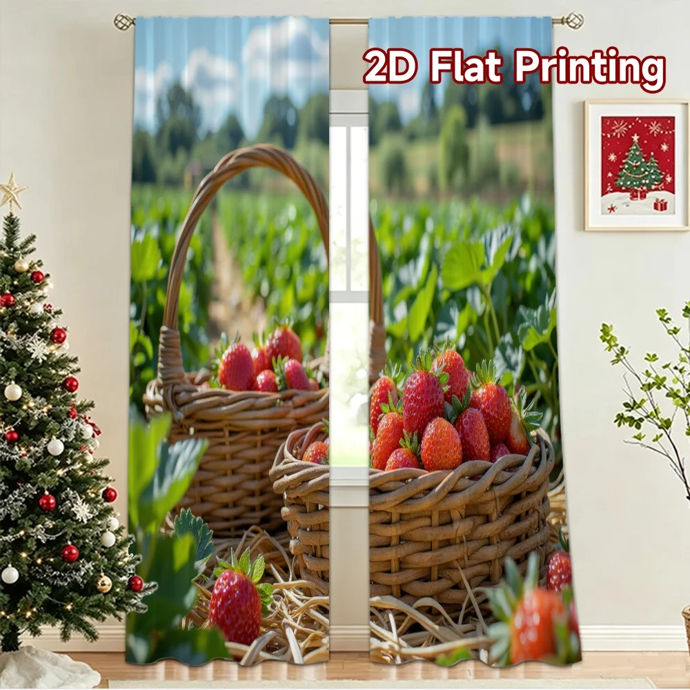 2D flat 2pcs Curtain Retro Country Style Summer Strawberry Baskets Durable polyester fiber Festive Wall Decor Perfect for