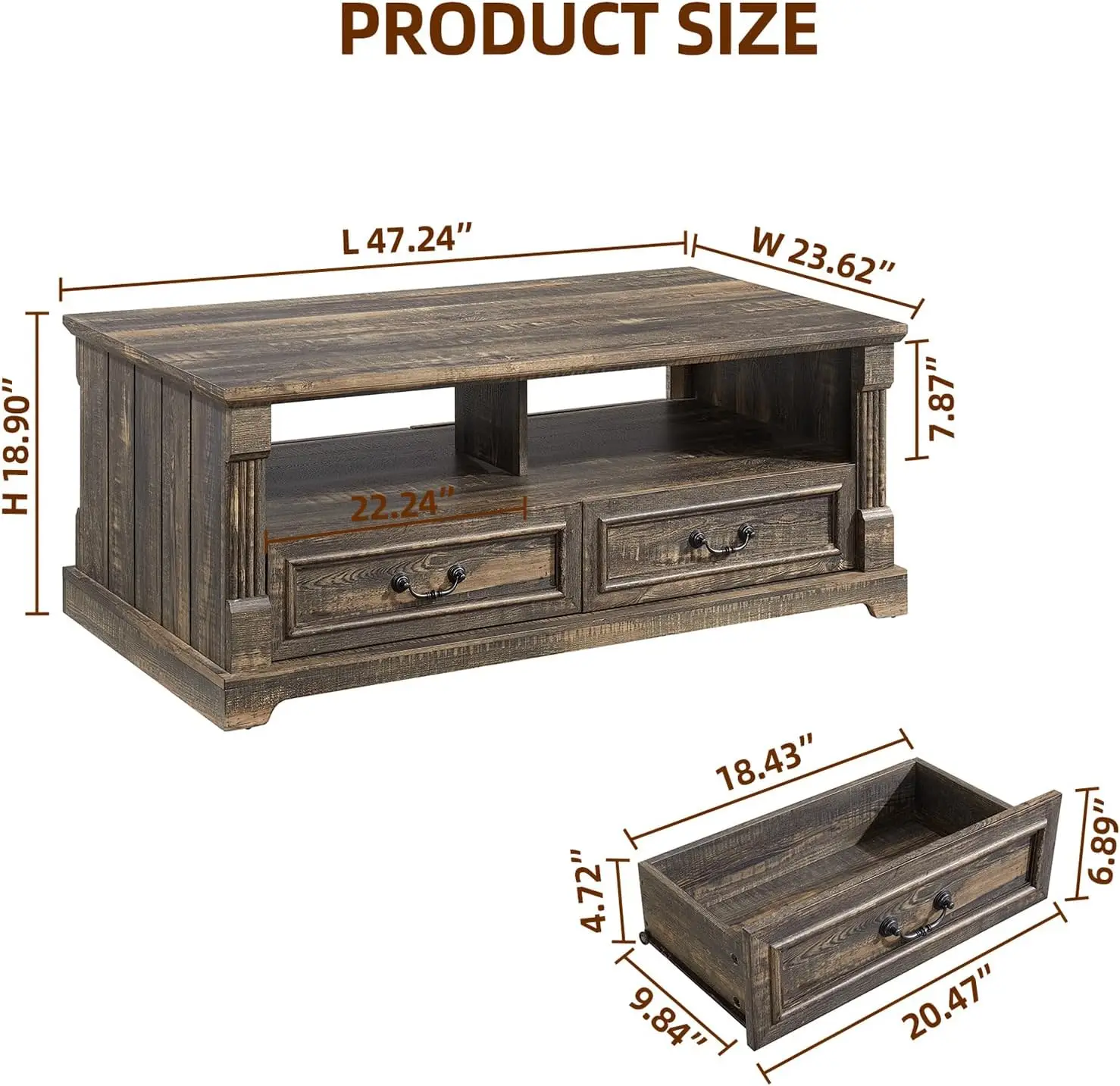 48'' Wood Coffee Table For Living Room, Farmhouse Coffee Table With Storage, Rustic Center Table For Living Room With 4