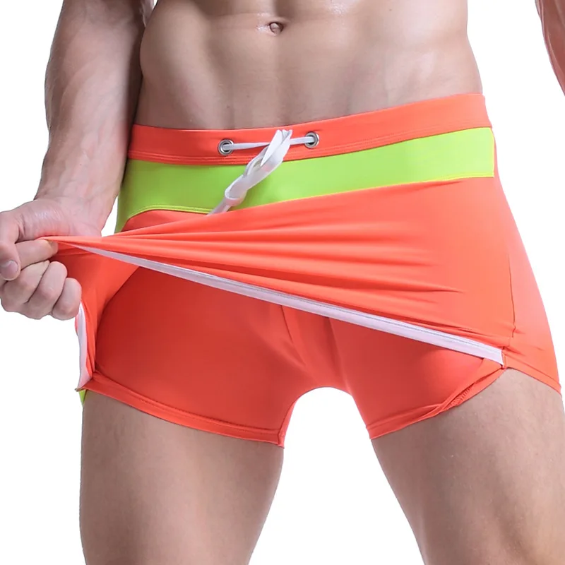 Men Color Block Skirted Swim Trunks Drawstring Low Rise Quick Dry 2 in 1 Boxer Swim Shorts Beach Spa Swimming Male Bathing Suit