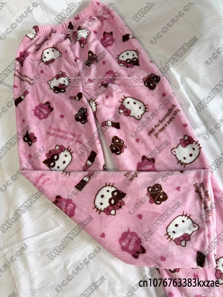 Y2K Hello Kitty Flannel Pajama Pants Cozy Lounge Wear Dorm Essential Cute Cartoon Pants Fashion Kawaii Anime Cartoon Pants