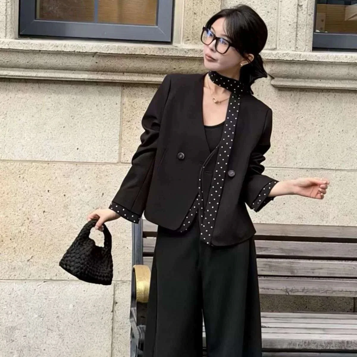 New Arrival Premium Layered Look Polka Dot Spliced Short Suit Jacket Women