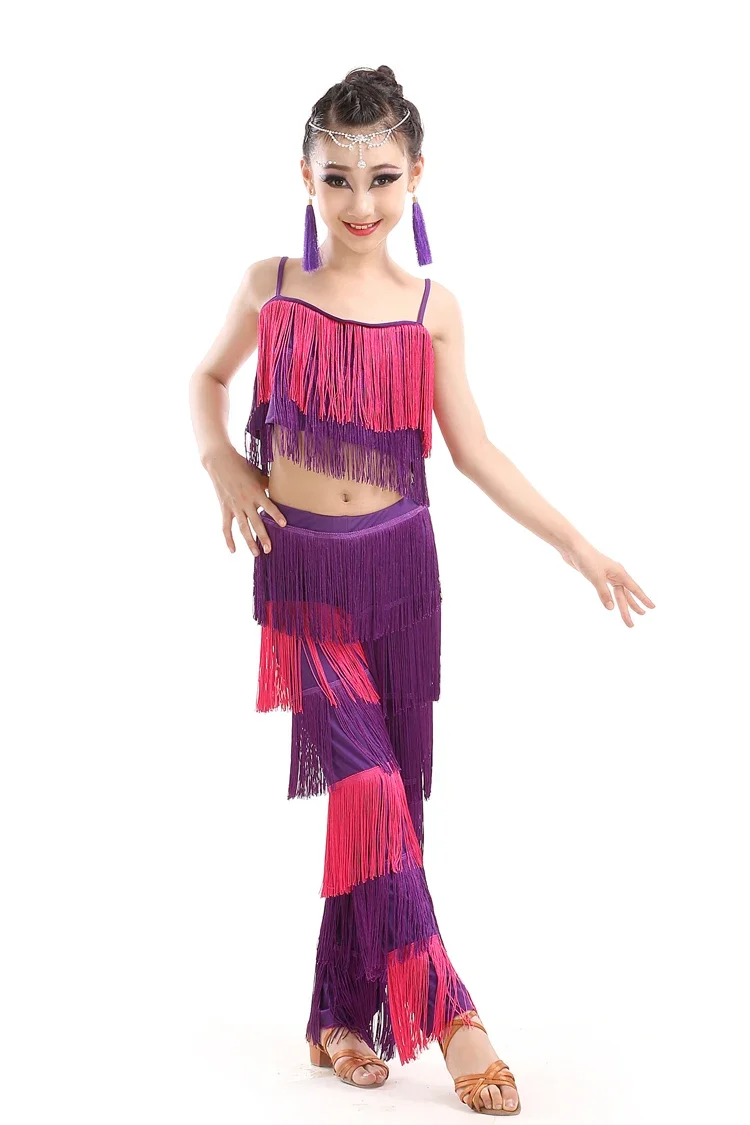 

1 Set Girl Latin Dance Dresses Ballroom Fringe Tassel Dress Pants Kids Sequin Fringe Salsa Samba Stage Competition Dance Costume