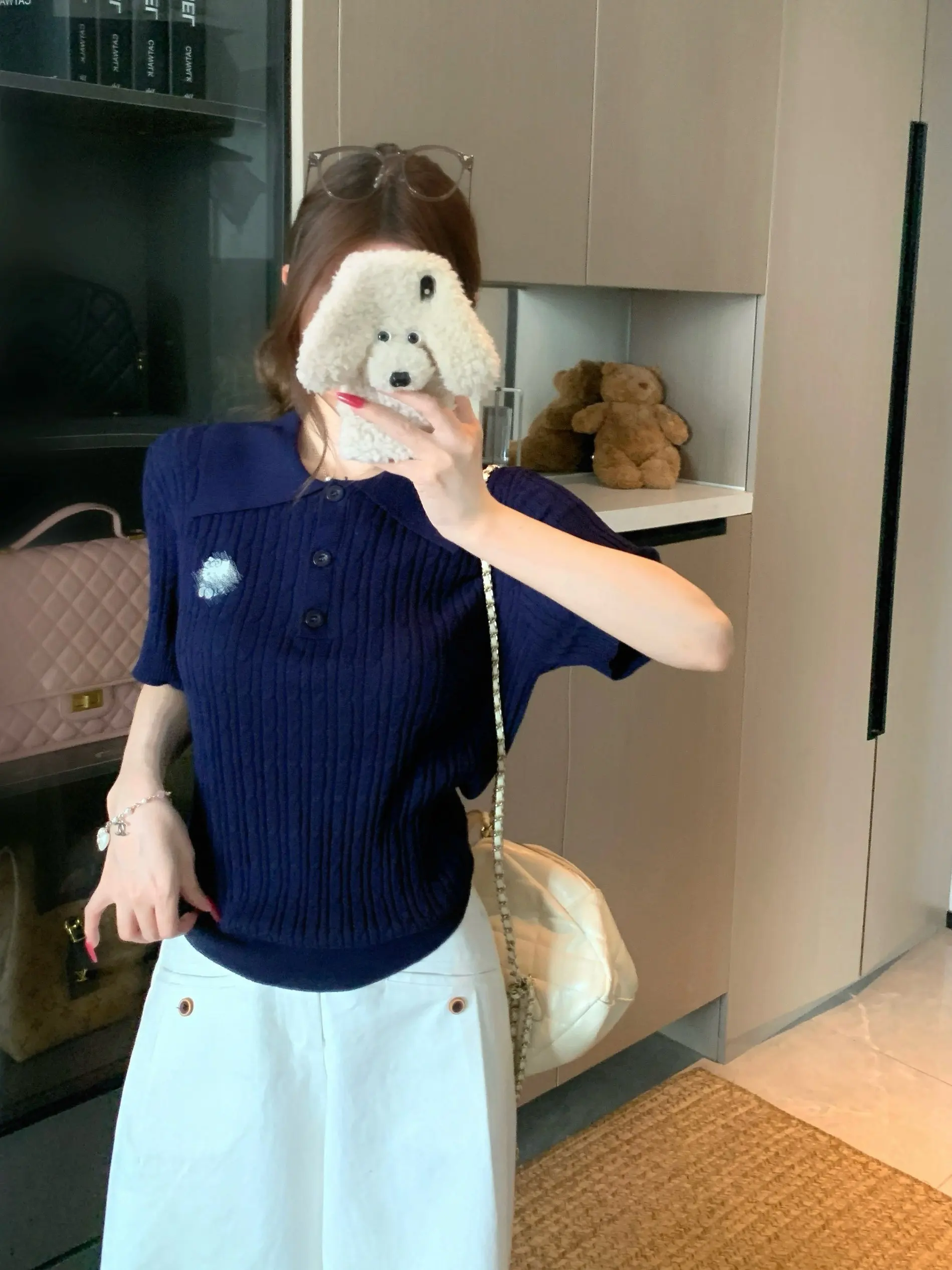 

Summer 2026 plus Size Knitted Short Sleeve Neck Embroidered Thin Top Women Loose Fit Shoulder Standard Body Slimming Effect