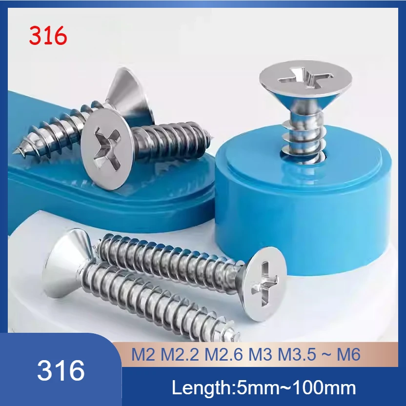 316 Stainless Steel Phillips Countersunk Self Tapping Screws Flat Head Wood Screws Cross Recess Extended Length M2 M2.2 M2.6~ M6