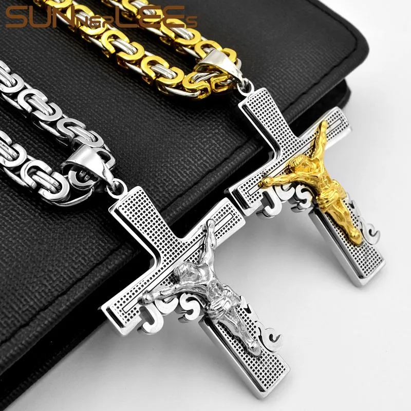 

SUNNERLEES Stainless Steel Jesus Christ Cross Pendant Necklace Byzantine Link Chain Silver Color Gold Plated Men Boys Gift SP255