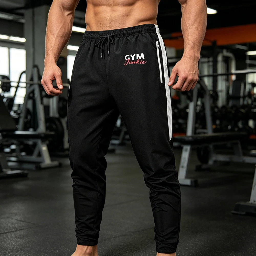 

Men's "GYM Junkie" Print with Elastic Drawstring Side Stripe Color Block Track Pants Casual Athletic Joggers for Gym & Daily