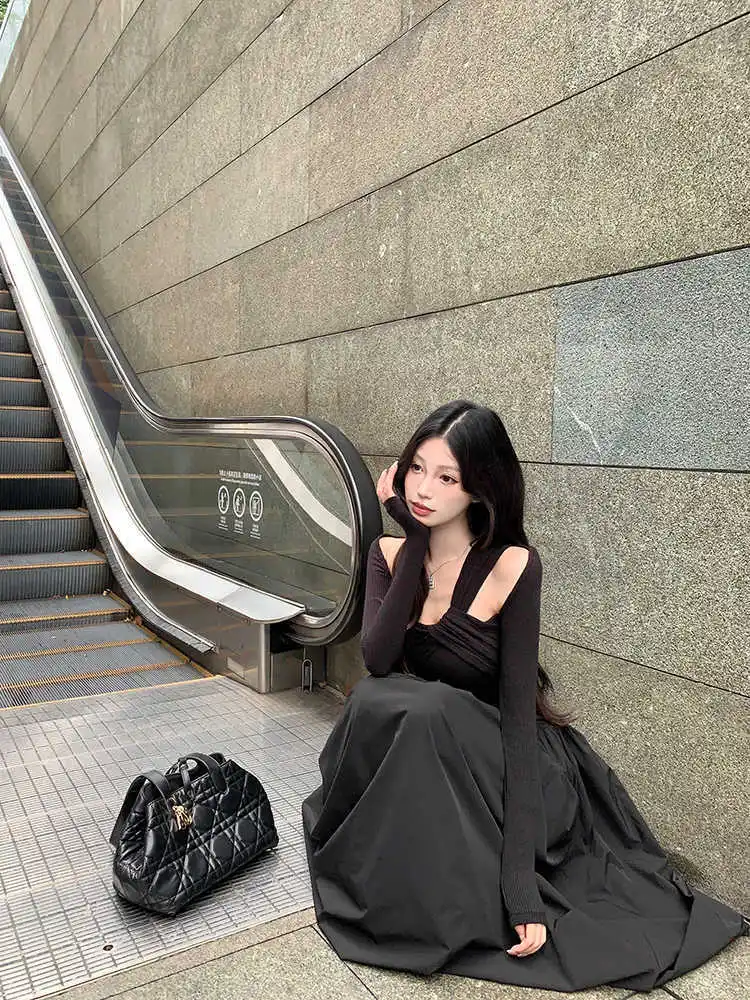 Abito a maniche lunghe con spalle scoperte grigio retrò anni '50 Abito lungo slim fit per le vacanze da donna Abito elegante a trapezio sottile con cuciture in vita