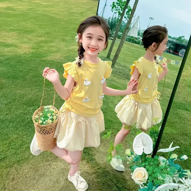 Korean Version Fashion New Girls' Sets Summer College Style Children's Clothing Red Alphanumeric Printed Short Sleeved Top+Skirt