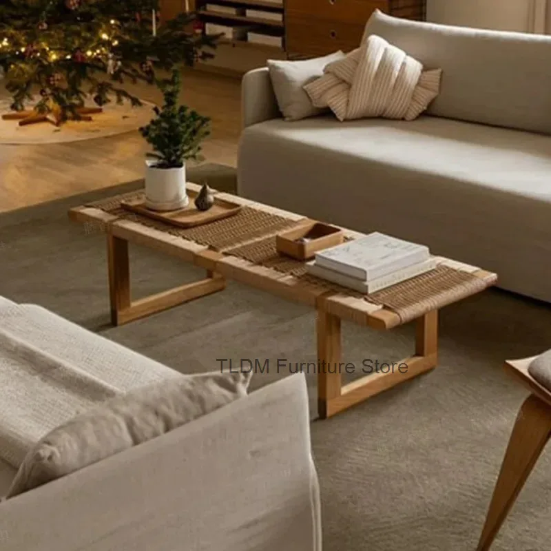 Solid Wood Frame Coffee Table Hand Woven Rattan Surface Low Rectangular Accent Bench for Living Room Tatami Balcony Decor