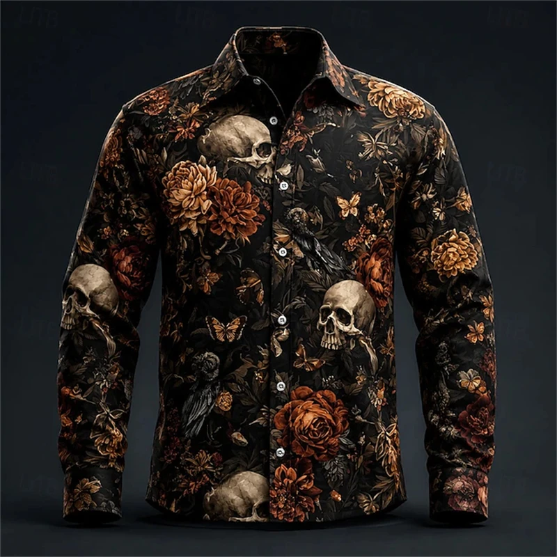 Men's Halloween Long-Sleeve Shirt Retro Skull and Floral Print Party Button-Down Shirt Collared Festive Men's Shirt