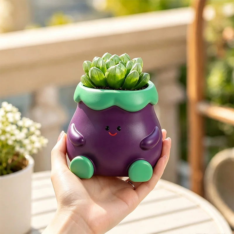 Cartoon Sitting Eggplant Resin Succulent Planter Mini Cactus Pot Desktop Windowsill Decor Unique Gift for Plant Enthusiasts`