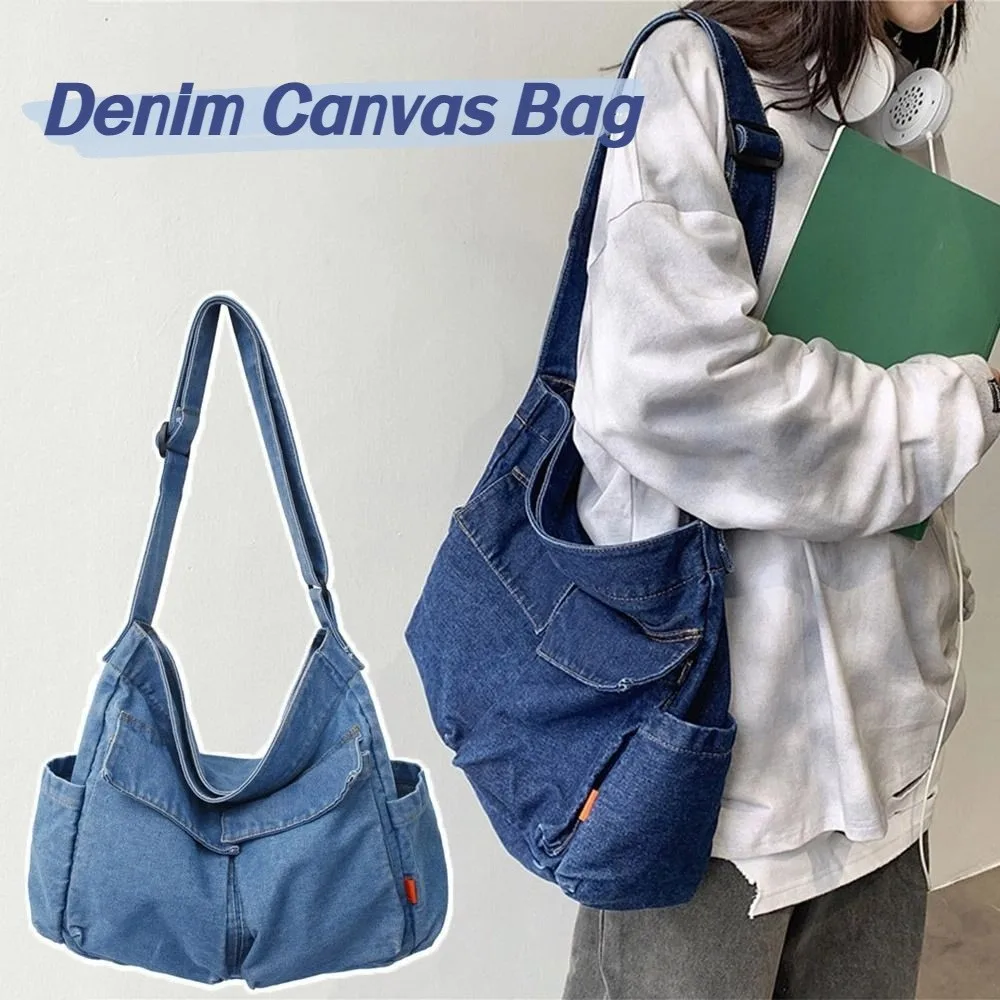 

Portable Y2K Denim Canvas Bag Large Capacity Street Style Vintage Handbag Solid Color Shopping Bag Solid Crossbody Bag Students