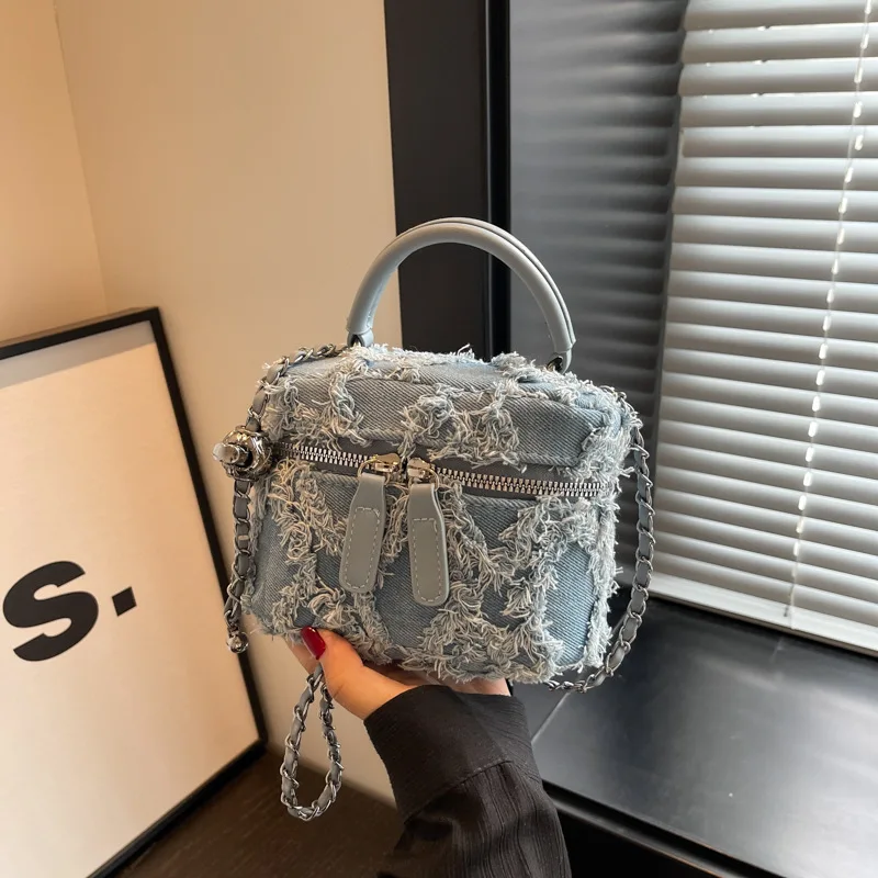 Korean Popular Vintage Denim Chain Handbags New Fashion Tassel Mini Square Shoulder Bags Elegant Versatile Crossbody Bag