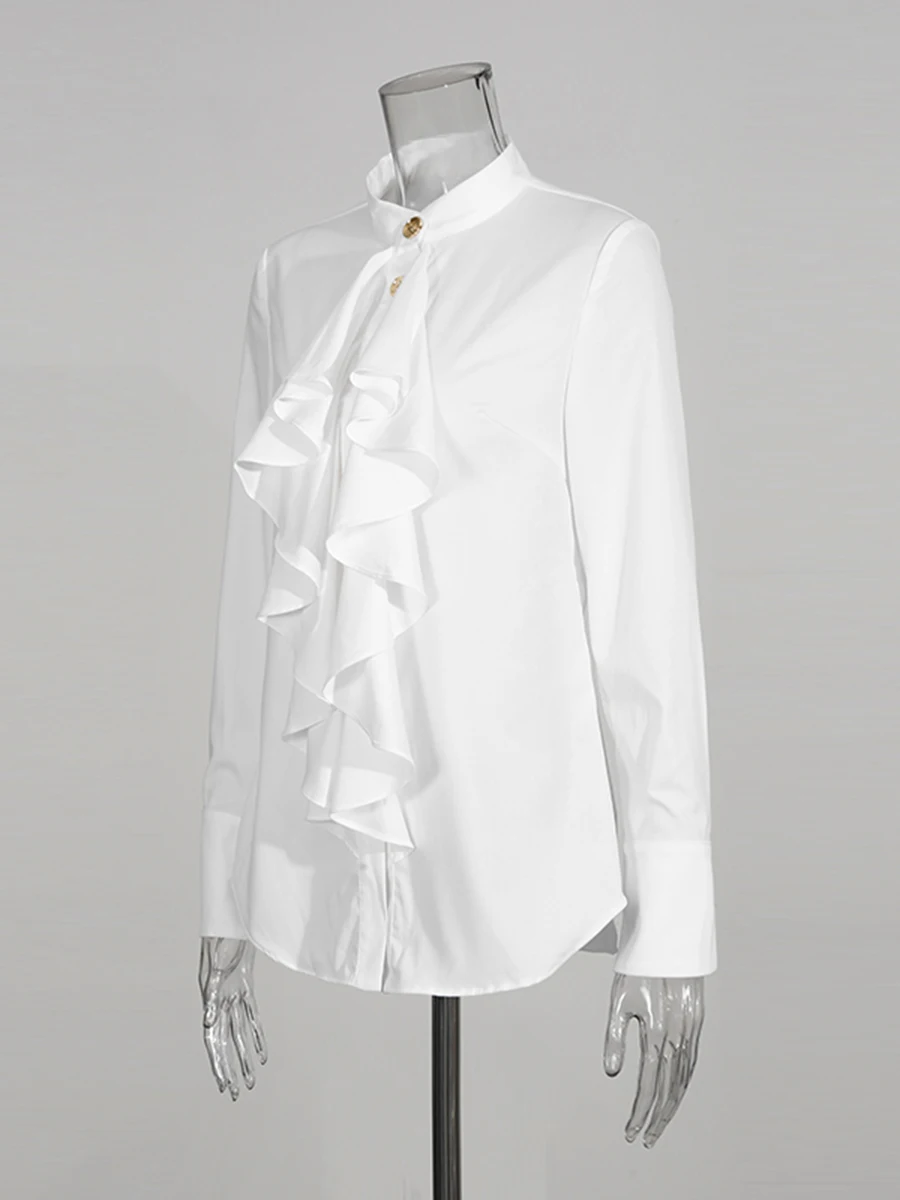 CHICEVER ホワイトスプライス菌類シャツ女性スタンドネック長袖ルーズフレンチエレガントな女性のシャツ秋スタイルファッション新