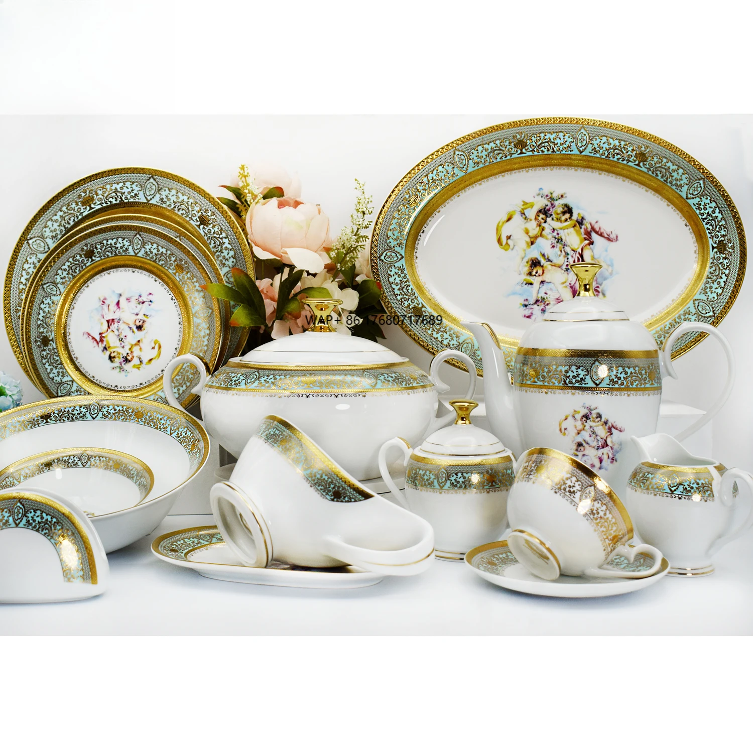 

98pcs High Quality Embossed Gold Bone China Ceramic Luxury Reliefs Style Green Color Wedding Porcelain Dinner Tea Coffee Set