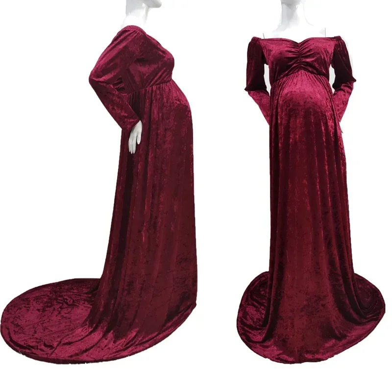 사진을위한 출산 복장 출산 사진 복장 맥시 가운 임신 여성 v 넥 긴 소매 벨벳 롱 드레스