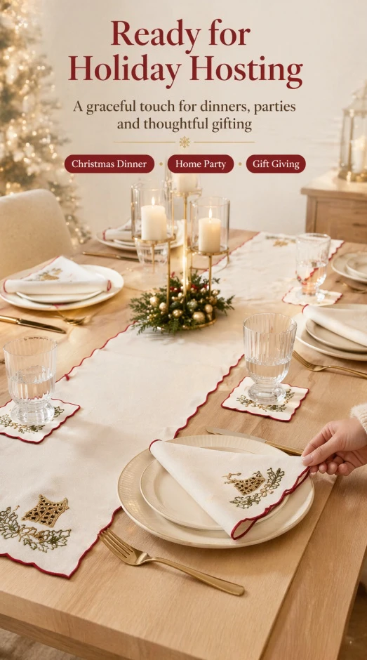 

【CHIMU HOME】Christmas Embroidered Woven Table Textile Set 19 Pcs Floral Print Stain Resistant for Dining Party