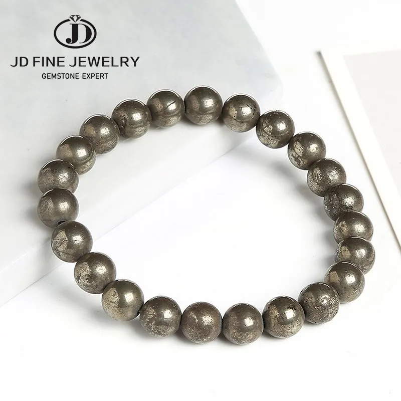 JD Natural Pyrite Bead Bracelets Women Men Vintage Charm Round Stone Energy Healing Strand Bangles Yoga Balance Wrist Jewelry