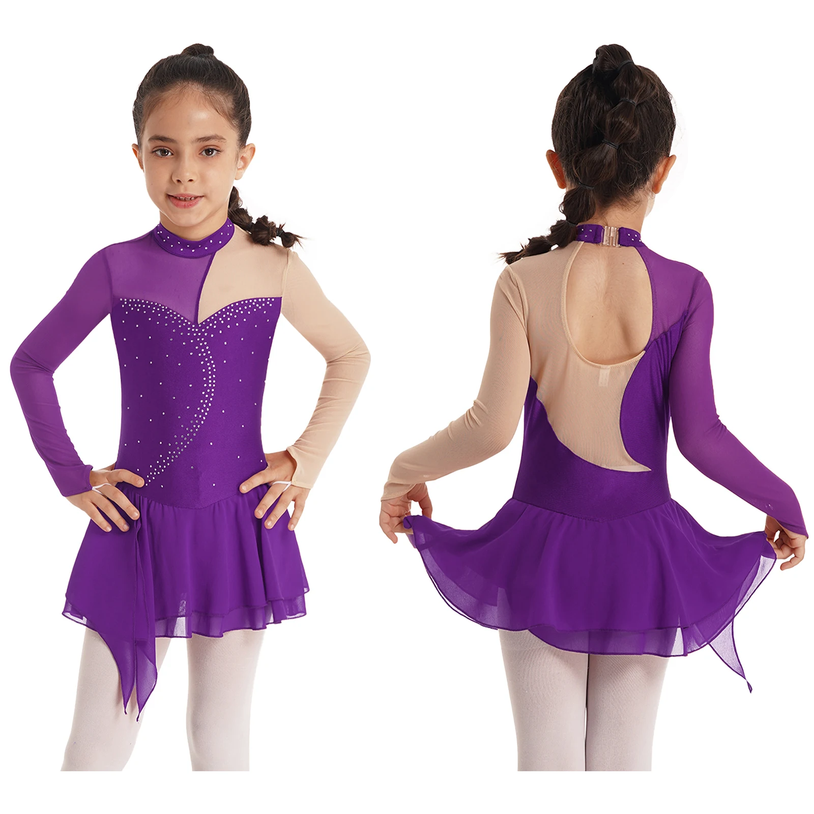 

Kids Girls Figure Ice Skating Dance Performance Costume Long Sleeve Rhinestone Ballet Gymnastics Leotard Tutu Dress Dancewear