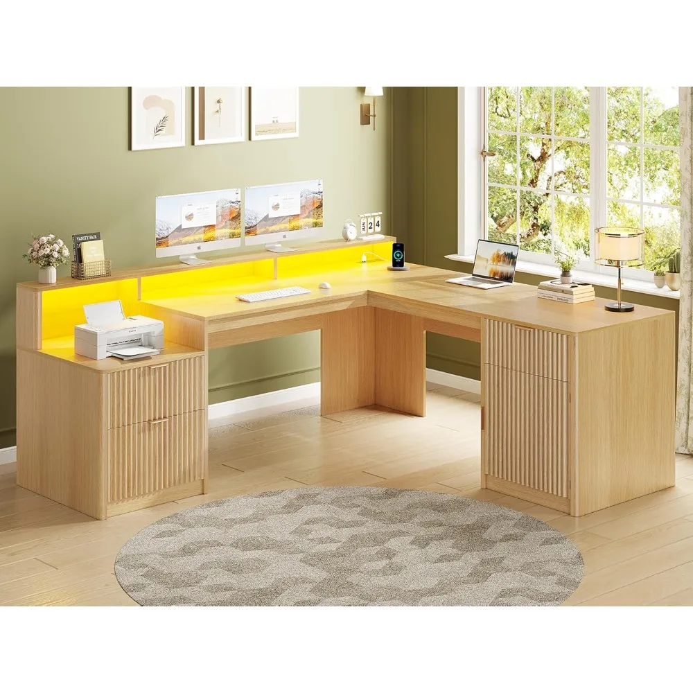 

66 modern L-shaped office desk with drawers, recessed home desk with filing cabinet and printer rack, wooden administrative desk