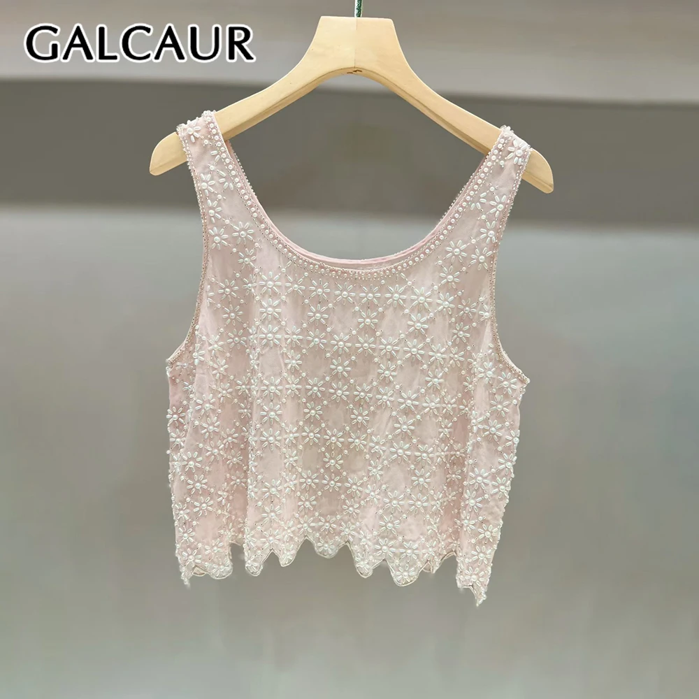 

Жилет GALCAUR: Элегантный, свободный крой, круглый вырез, без рукавов, с бисерной отделкой, асимметричный топ, женская мода, новый стиль 2026
