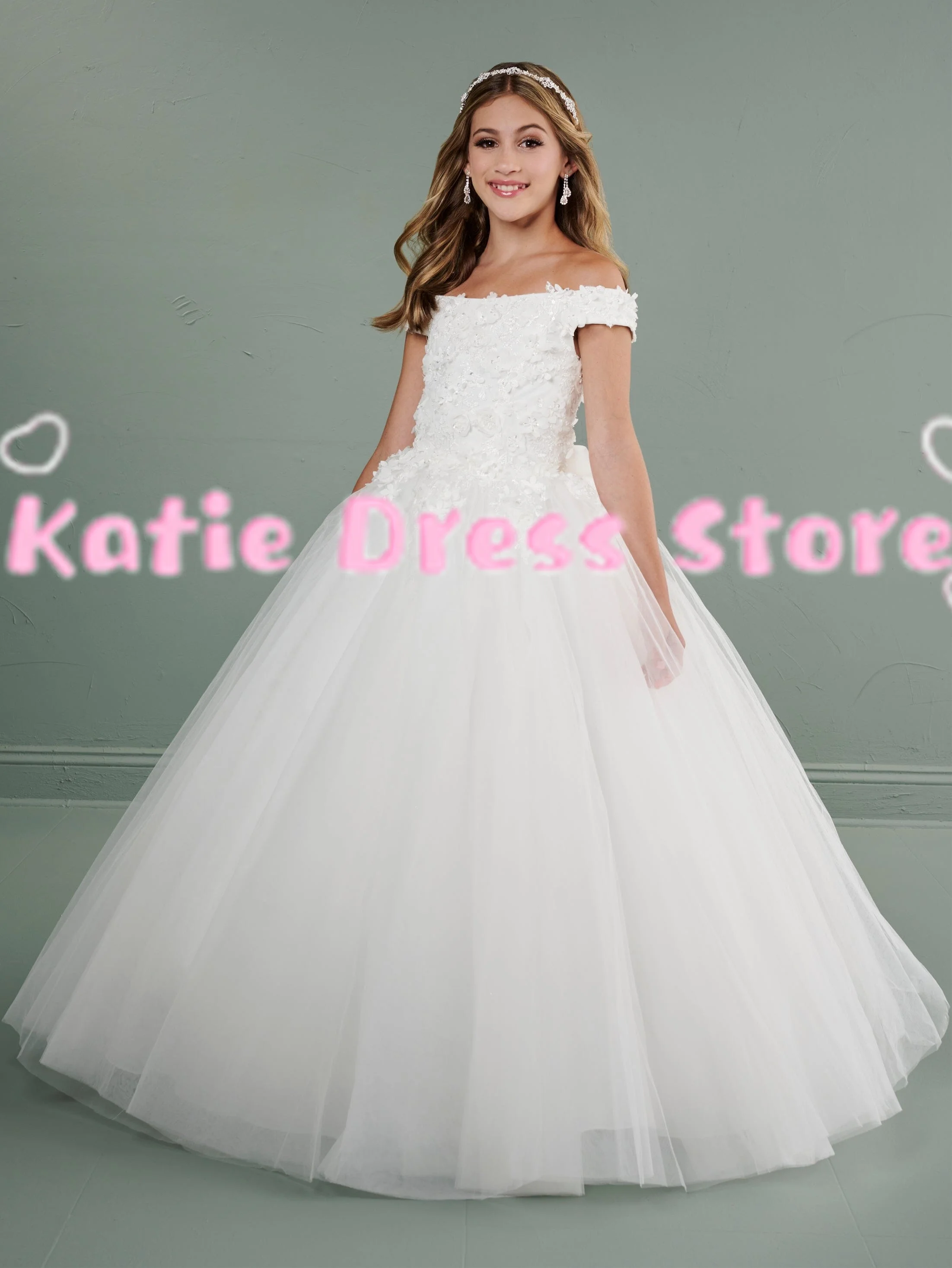 

White Off Shoulder Flower Girl Dress For Wedding Tulle Lace Applique Kids Birthday Party First Communion Ball Gowns Customized