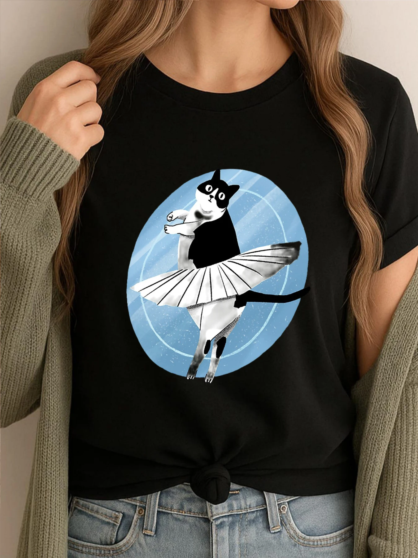 

Футболка с принтом балерины и кота, забавные футболки с рисунком Camisetas, женские новые топы и футболки, одежда с принтом