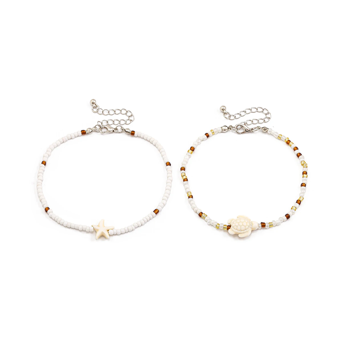 Ingemark 2Pcs Kpop Boho Starfish Turtles Conch Seed Beads Chain Anklet for Women Summer Beach Sweet Ankle Barefoot Y2K Jewelry