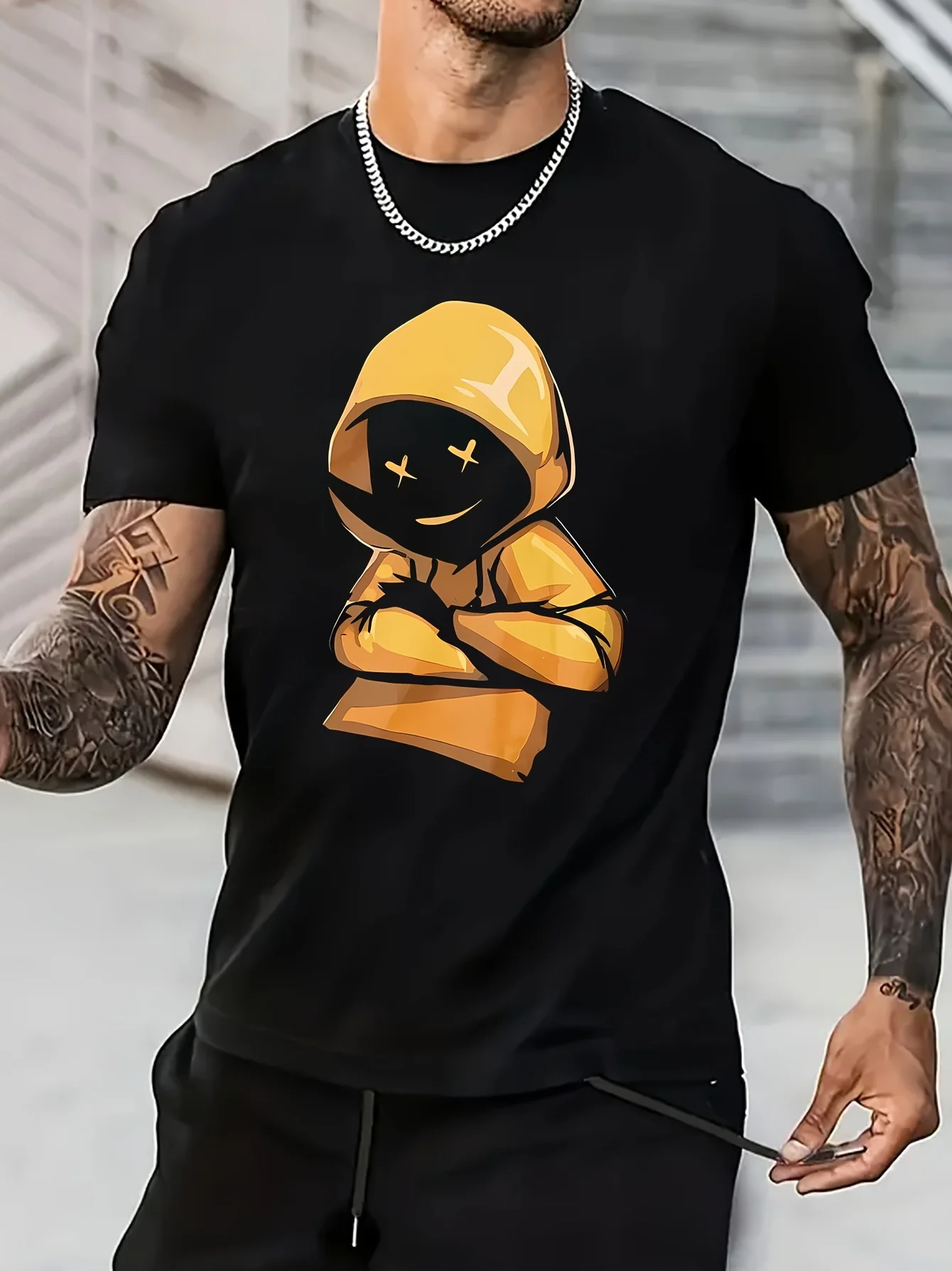 Cartoon graphic print T-shirt men's casual style summer slightly elastic round neck T-shirt New Fashion Top Tees