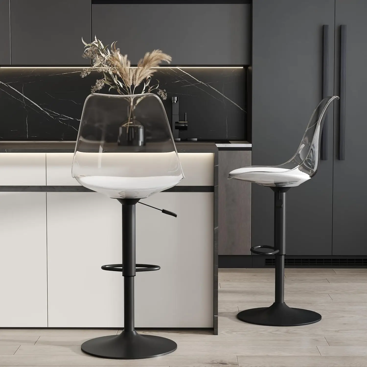 

Swivel Barstools Set of 2, Adjustable Swivel Bar Chairs, Modern PU Leather Upholstered Kitchen Stools with Acrylic, Customized