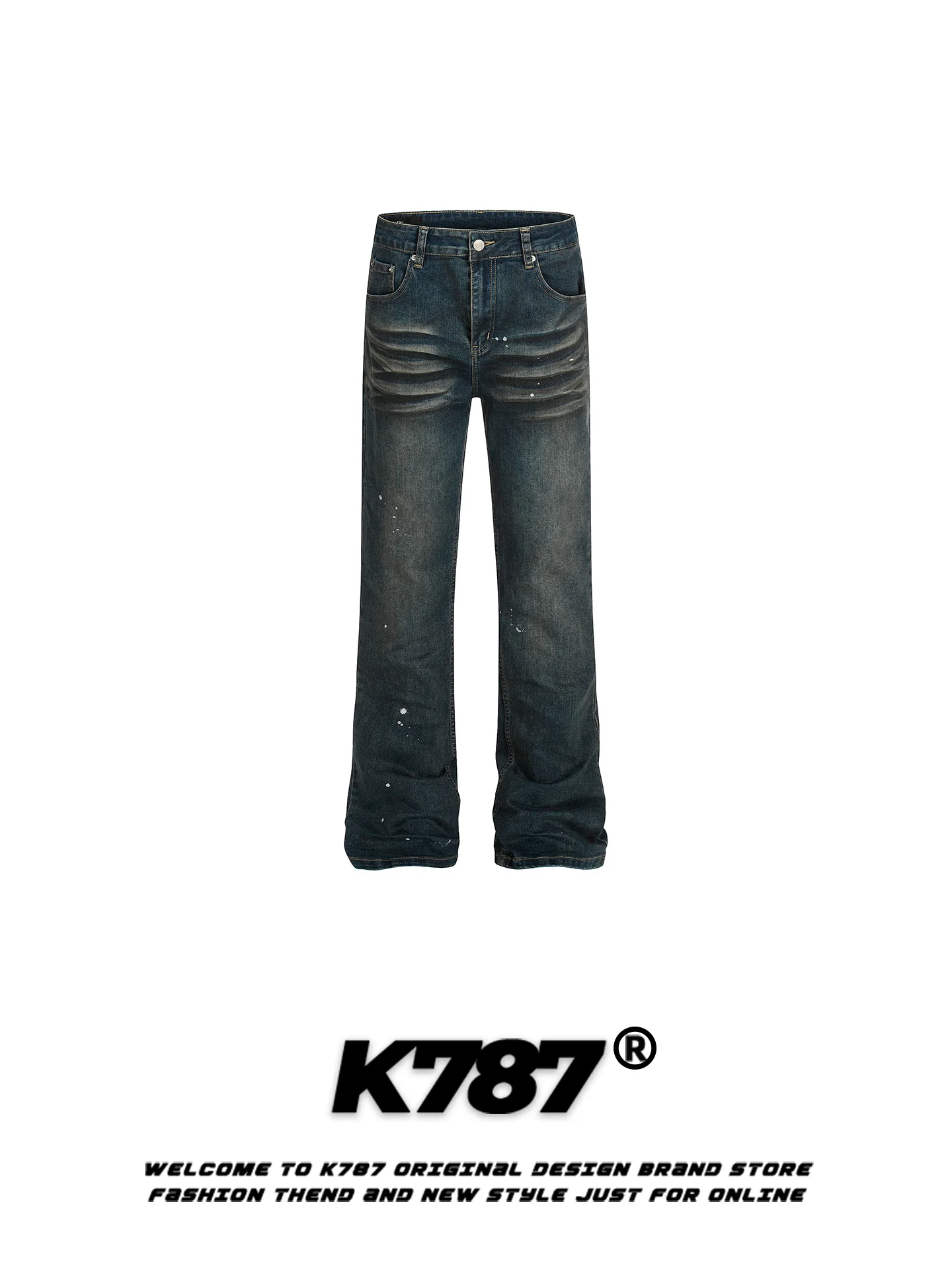 

K787 American Retro Waed Denim Jeans High Waist Slim Straight Leg Floor-Length Casual Trousers for Men Casual Pants
