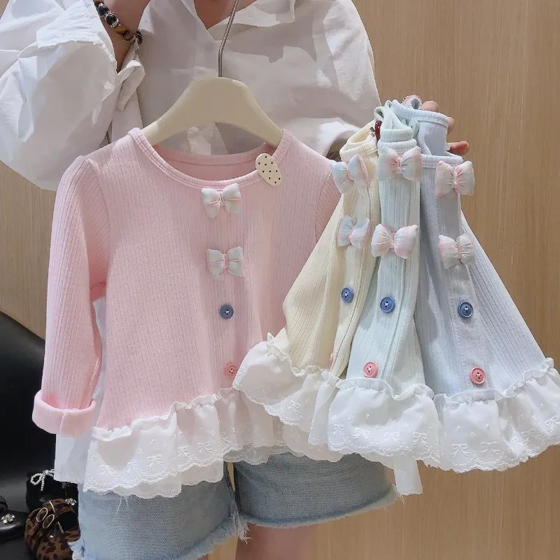 UNITIM Herbst-Unterhemd für Kinder, lockeres Unterhemd mit Schleife und Spitzenbesatz, für Kleinkinder, Mädchen, lange Ärmel, 2–8 Jahre, für Kinder, Mädchen, Rundkragen-T-Shirts – Detail 2
