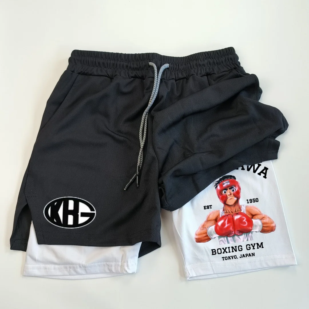 Compression Shorts Anime Hajime no Ippo 2 in 1 Performance Gym Shorts Pockets Quick Dry Running Workout Summer Sportwear