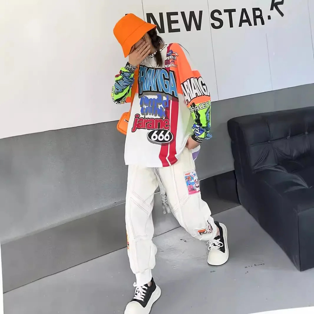 Retro Color Contrast Patchwork Graffiti Letter Print Top and Pant 2 Piece Sets Women Casual Exercise Suit Oversized T-shirt