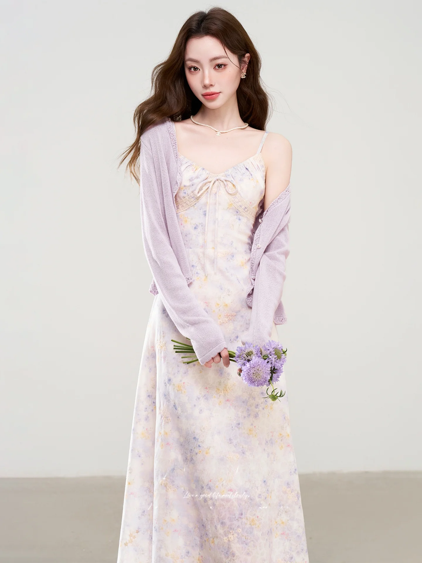 

Summer Floral Print Open Cardigan And Strap Dress Two Piece Set Women's Fashionable Casual High Waist Long Sleeve Ensemble