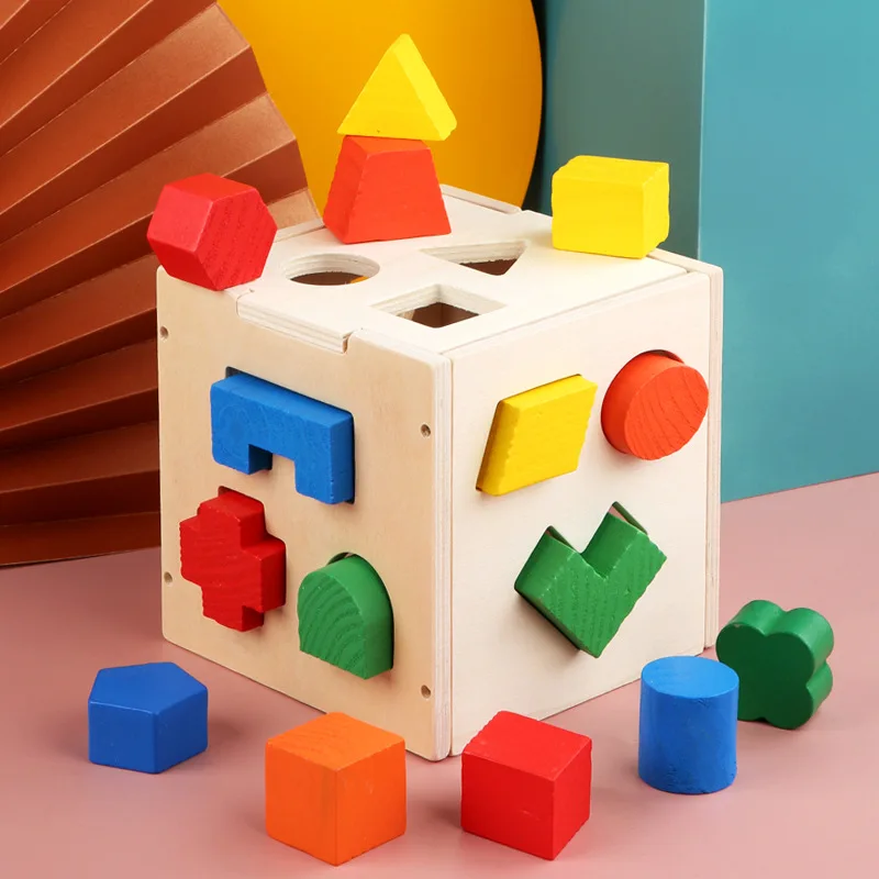 

Wooden geometric shape building block 15 hole shape matching intelligence box, children's educational early education three-dime