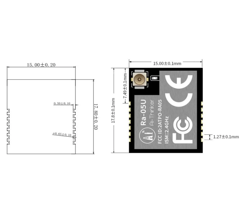 SX1281 Chip 2.4G LoRa Módulo RF Ra-05U sem fio com suporte para modo de modulação LoRa/FLRC/GFSK
