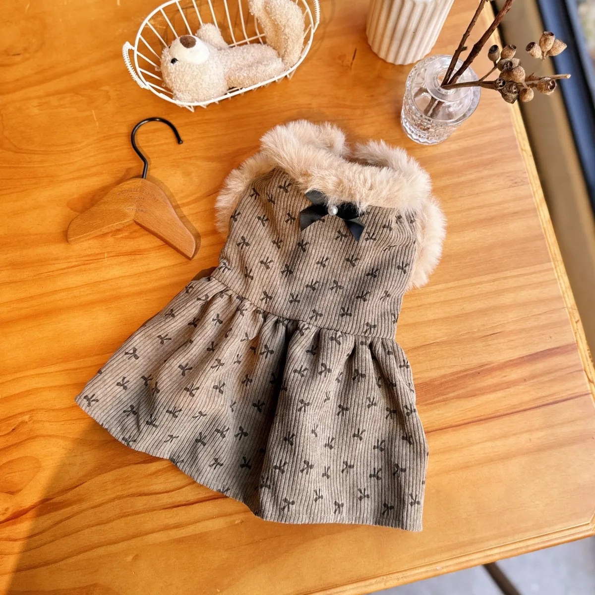 Cat Dog Corduroy Lining Fleece Double-Layer Dress Cute Bowtie Patten Suitable for Winter Puppy Dogs
