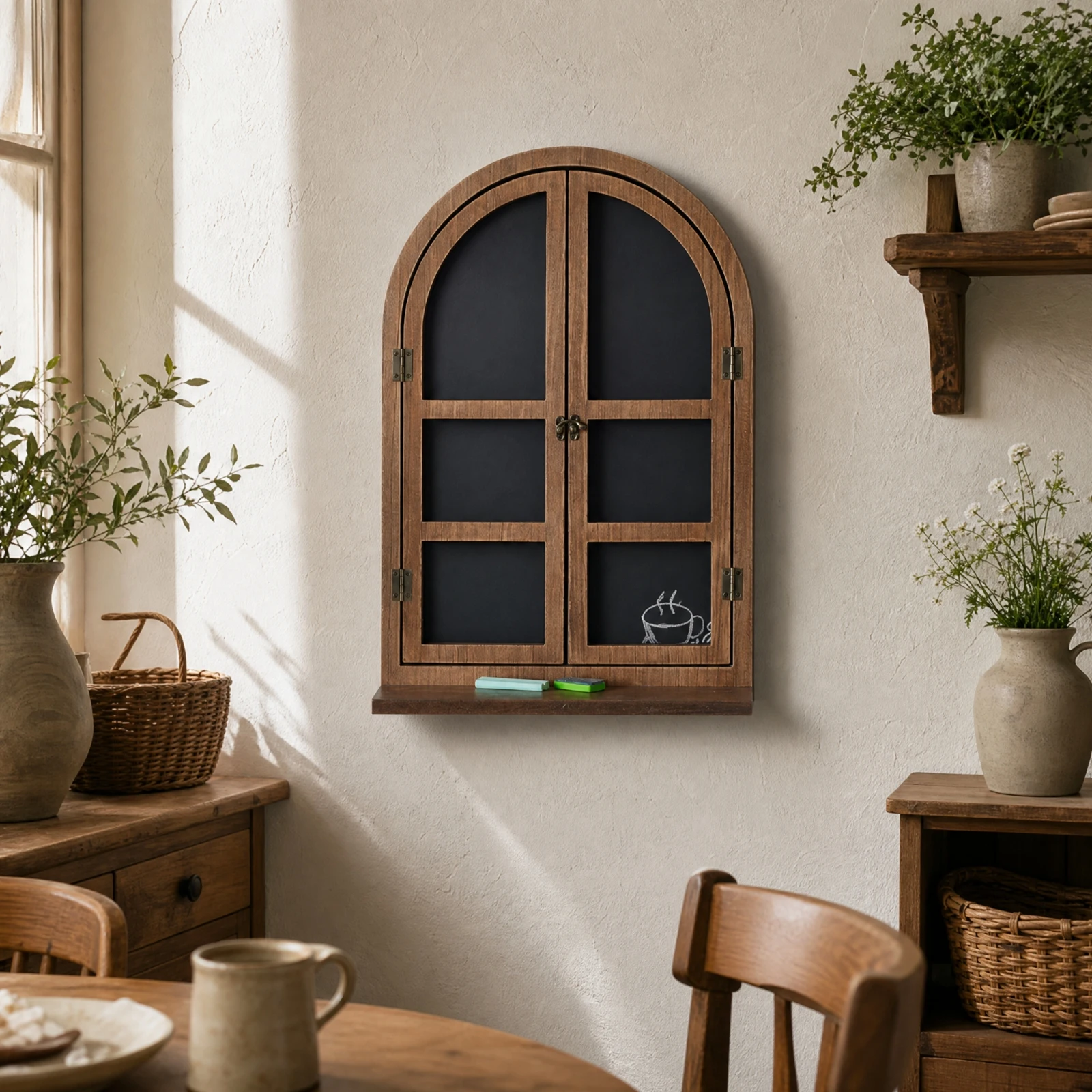 Faux Window Wall Decor Writable Arched Frame Chalkboard Framed Chalkboard Brown Blackboard Farmhouse for Restaurant, Coffee Shop