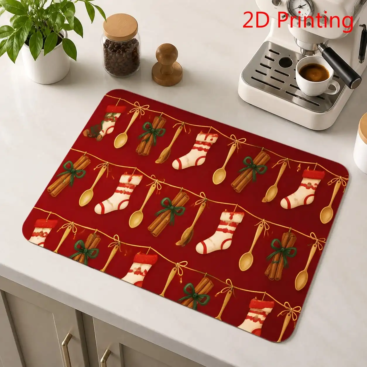 Christmas Home Welcome Rug Red Xmas Stocking Cinnamon Spoon Print Kitchen Mat Indoor Kitchen Floor Mat Festival House Styling