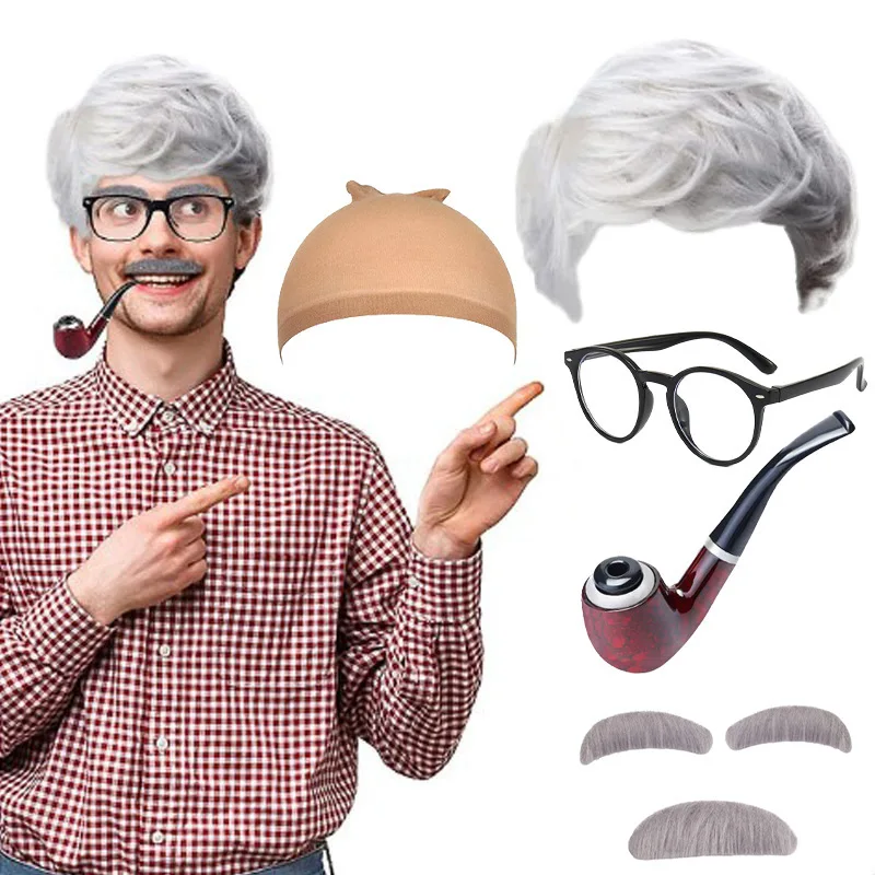 Old Man Costume Wig for Kids 100 Days of School Costume Boys Dress Up Accessories Grandpa Old People Set for Halloween