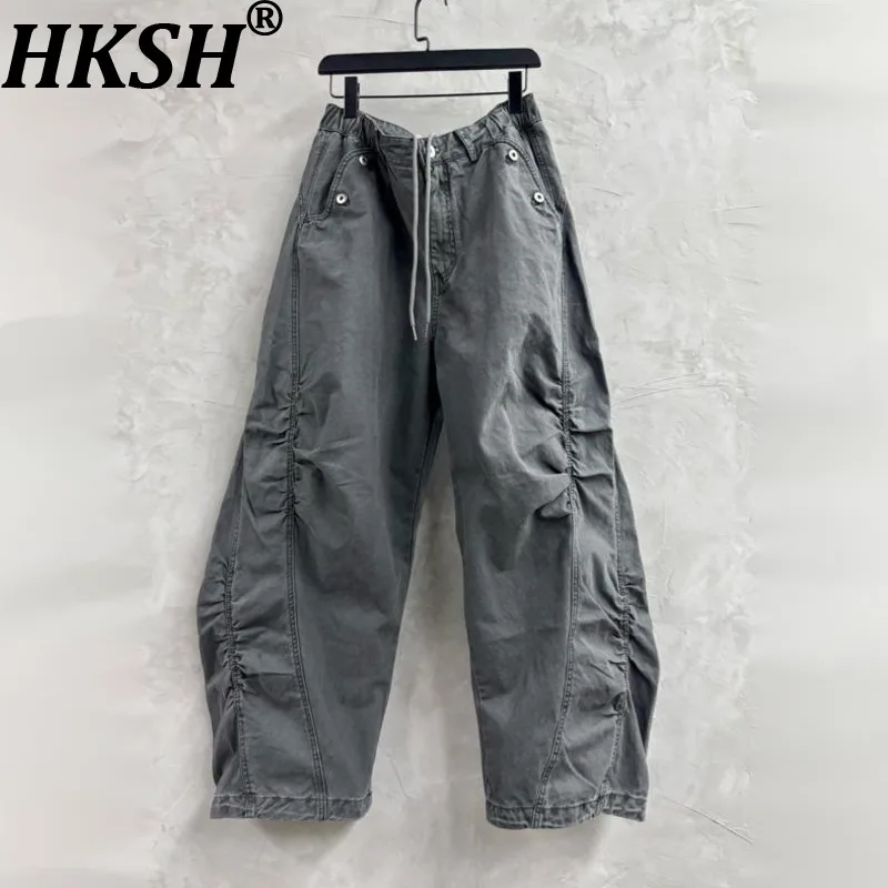 HKSH Spring Autumn New Men Tide Chic Ins Safari Style Retro Washed Patchwork Pleated Cargo Pants Trend Wide-Leg Cool Y2K HK28107